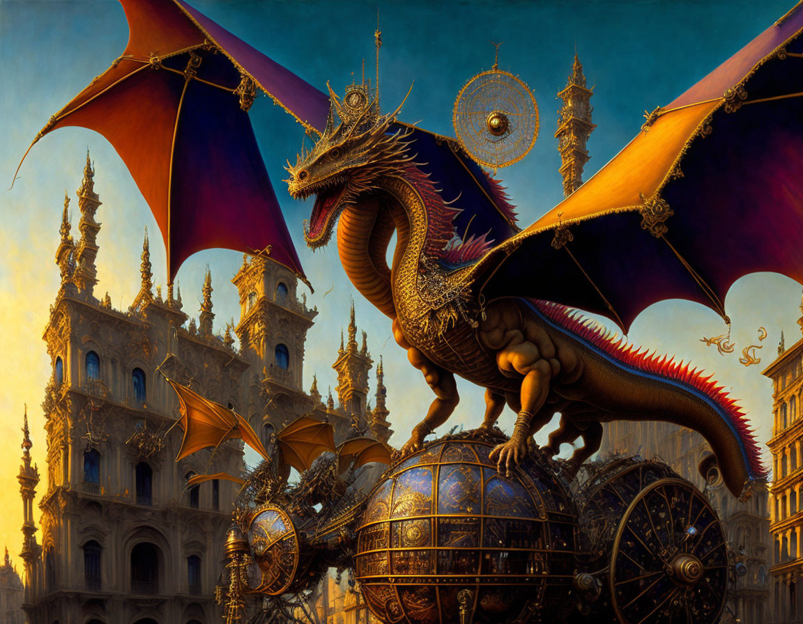 Majestic dragon with spread wings on ornate globe against opulent gothic backdrop