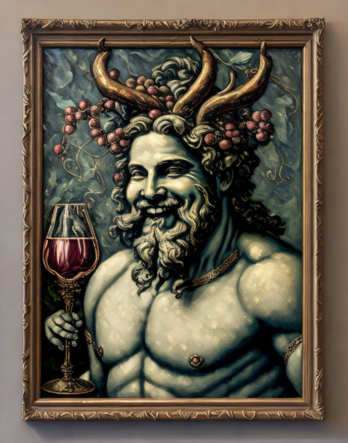 Jovial figure with horns and grapevines holding wine glass in ornate frame