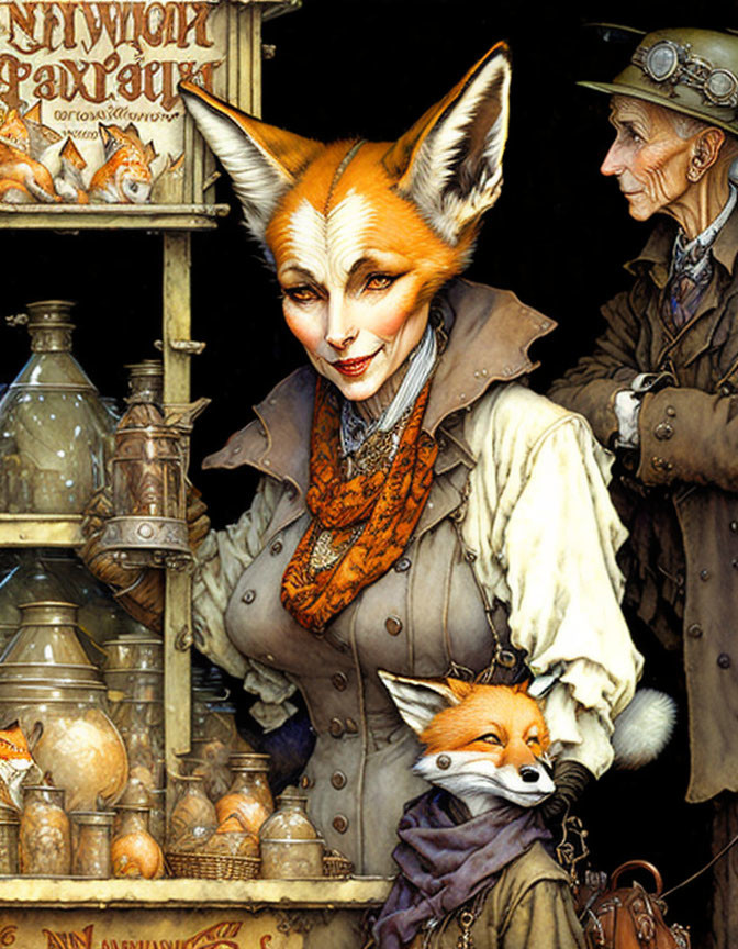 Anthropomorphic fox in vintage clothing with jars, observed by human patron