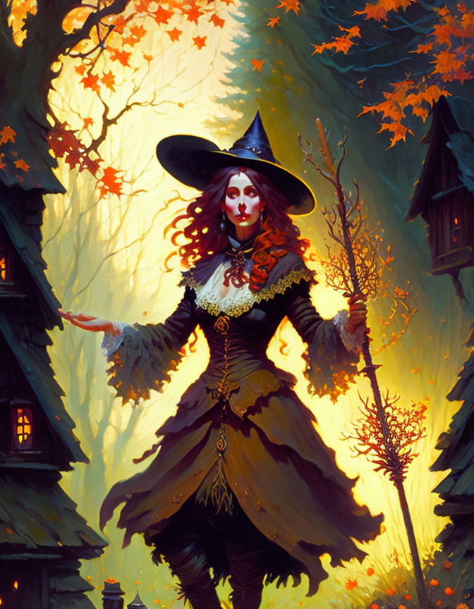 Red-haired witch in black attire with staff in autumn forest.