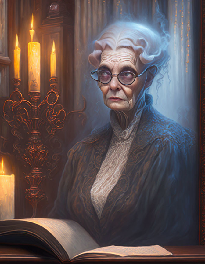 Elderly woman reading book with candles and mirror in background