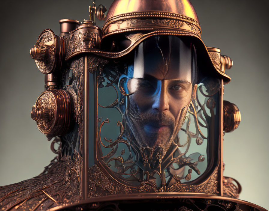 Intricate Steampunk-Style Helmet with Clear Visor and Bearded Man Face