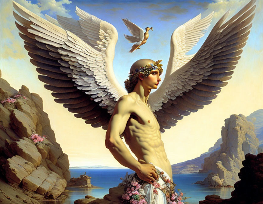 Classical painting of muscular angel with white wings by the sea