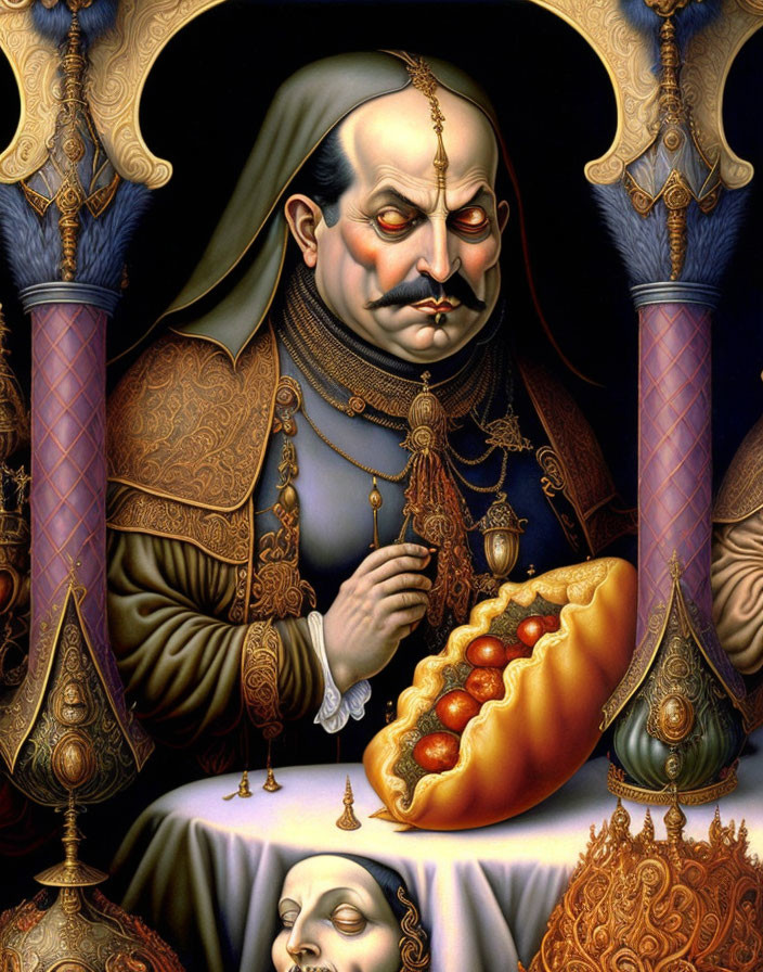 Illustration of stern nobleman in Renaissance attire with columns and bread