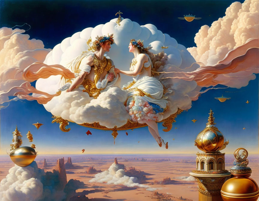 Surrealist painting of ethereal figures exchanging a crown on a cloud