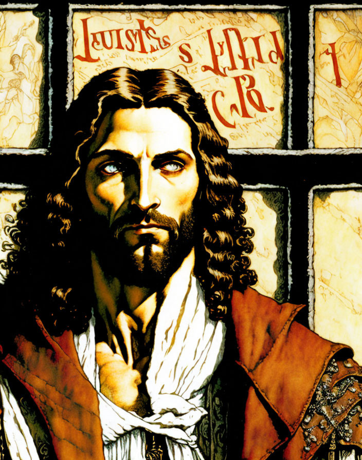 Man in red cloak with long hair and beard in stained glass style illustration