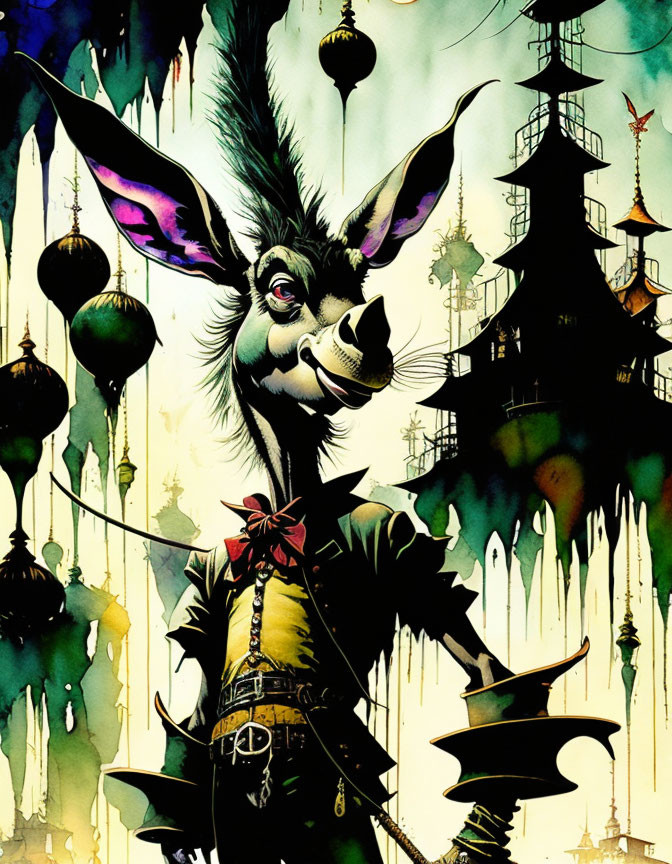 Stylized anthropomorphic rabbit in fanciful attire with whimsical background