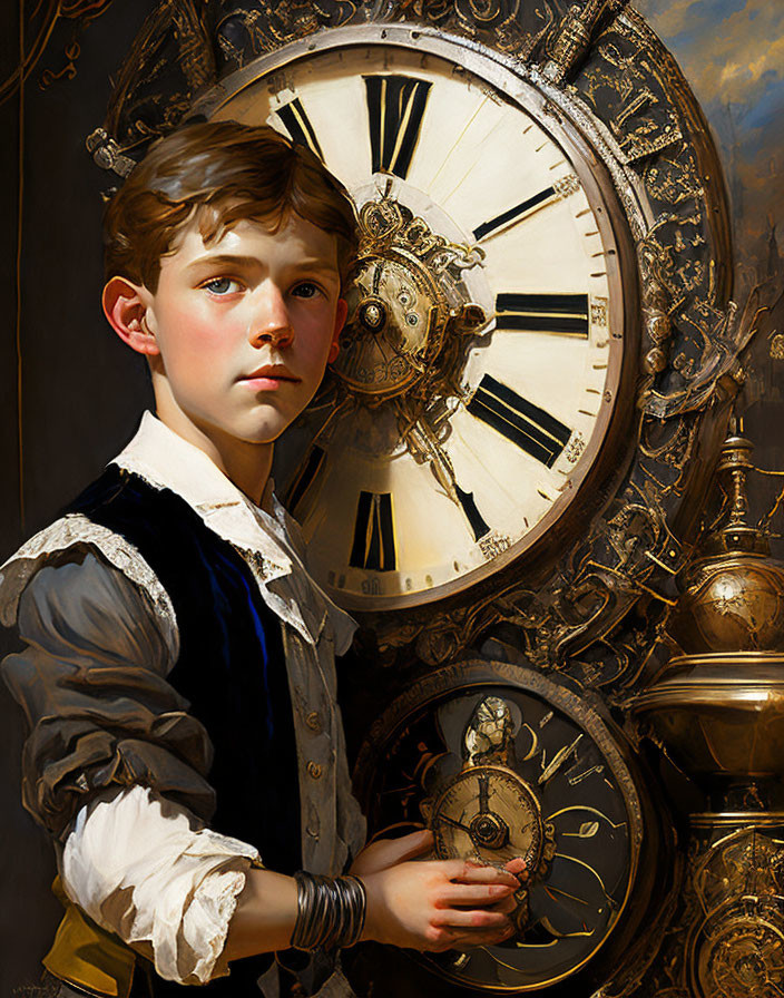 Young boy in historical attire with timepieces before ornate clock