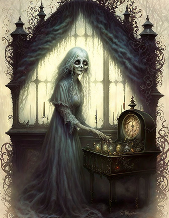 Skeletal ghost in dress with clock and candles in gothic room