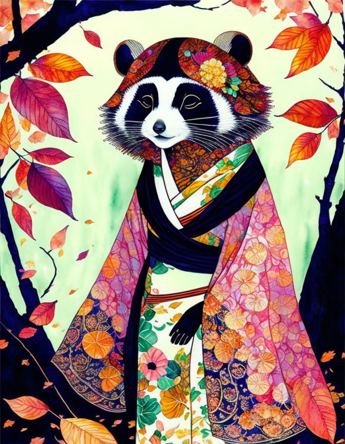 Adorable raccoon in Japanese kimono among autumn leaves