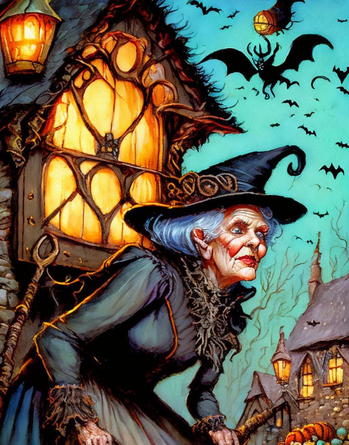 Old witch with pointed hat in front of spooky house, bats, full moon