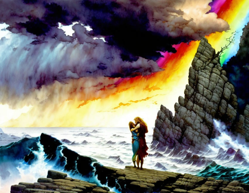 Embrace on rocky shore under dramatic sky with rainbow