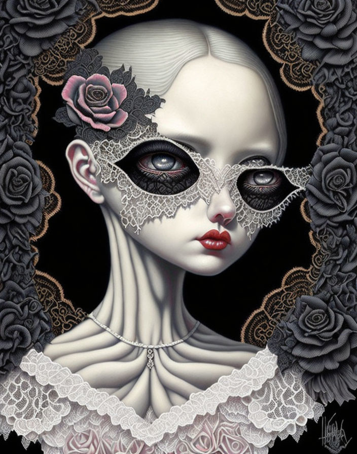 Pale woman with large eyes in black lace masquerade mask surrounded by dark roses and ornate floral