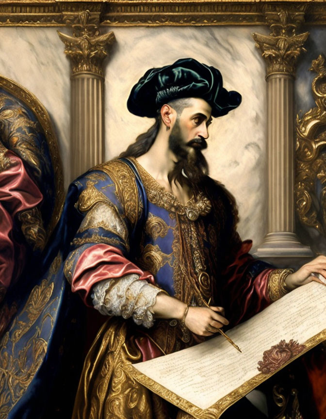 Renaissance man portrait in ornate attire with plumed hat and scroll