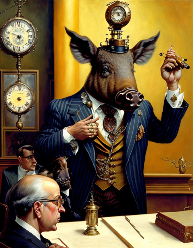 Anthropomorphic Pig in Suit with Vintage Clocks and Businesspeople