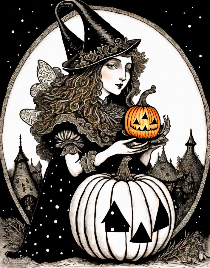 Curly-haired witch with hat holding jack-o'-lantern on pumpkin, castle backdrop.