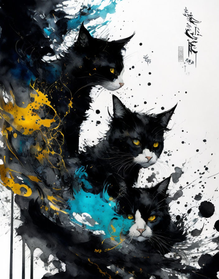 Three Black and White Cats in Abstract Painting with Yellow and Blue Splashes