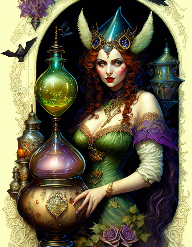 Fantasy illustration of woman with red hair and horned headdress beside ornate flask