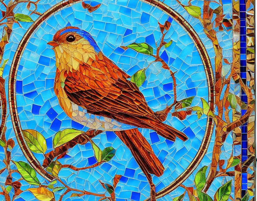 Colorful mosaic artwork of bird in blue, orange, and brown tiles