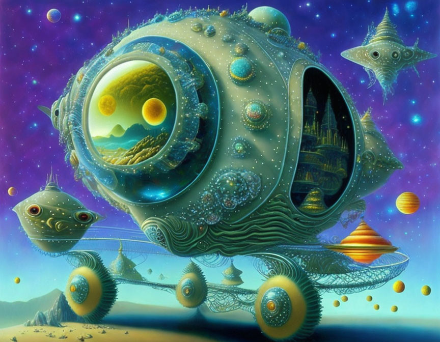 Whimsical painting of fantastical spacecraft on surreal alien landscape