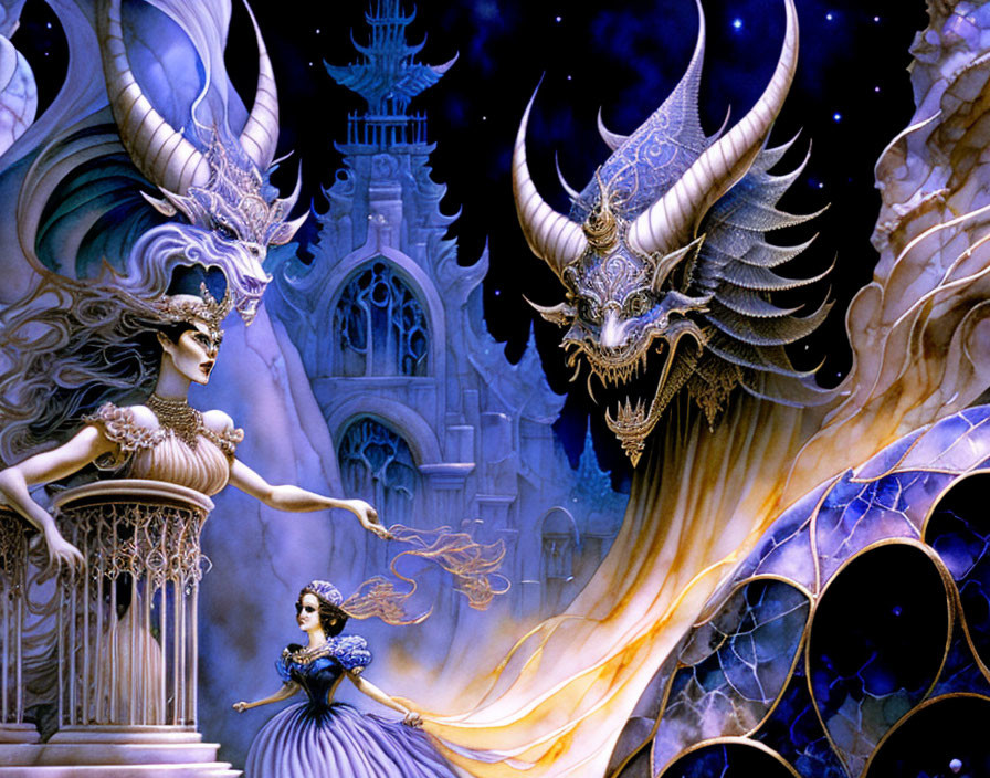 Elegant woman in blue gown faces majestic dragon at castle pillar