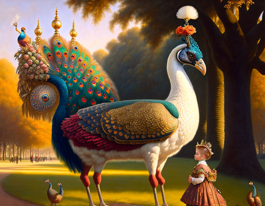 Ornate peacock and regal girl in sunlit park