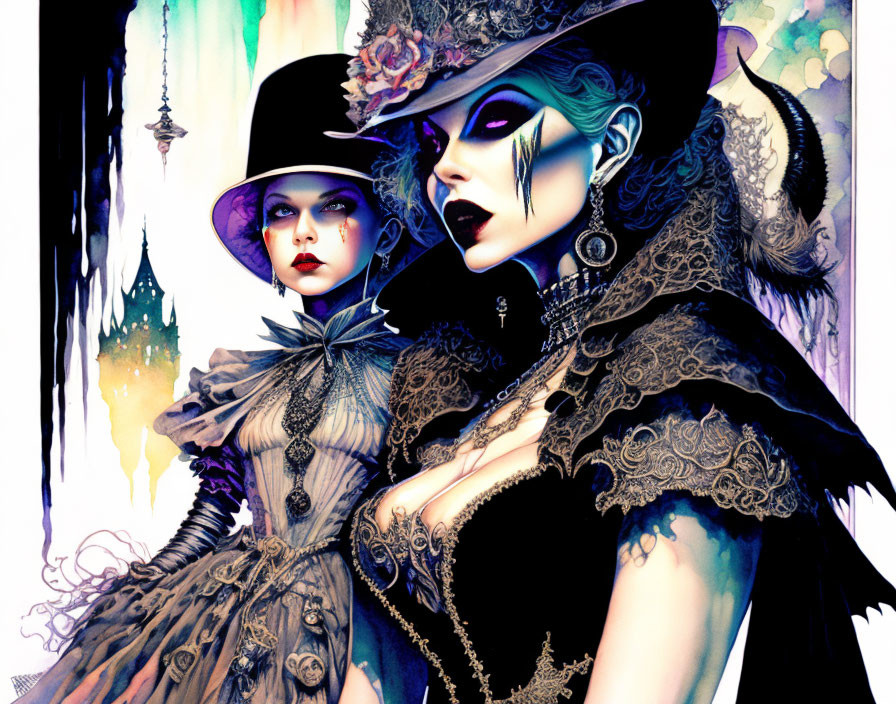 Two women in gothic attire with elaborate hats and dark, intricate clothing, one with green skin and