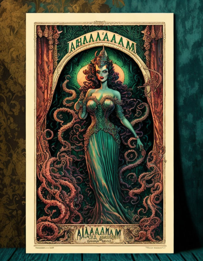 Art Nouveau Woman with Tentacle Hair in Green Dress and Ornate Frame