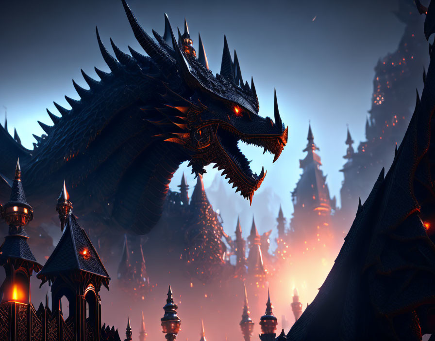 Menacing dragon over gothic spires in twilight fantasy.