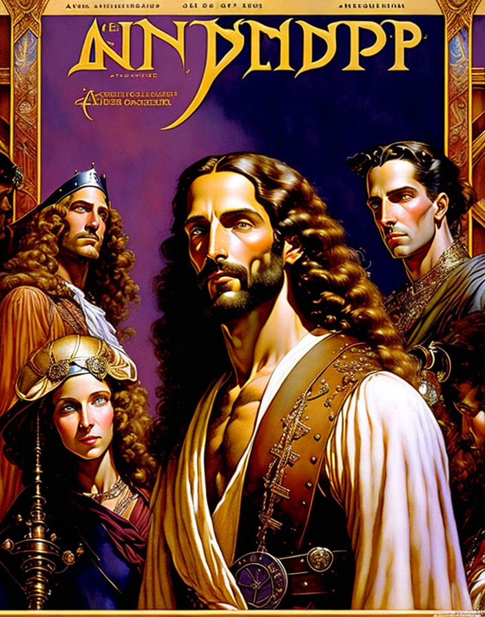 Ancient-themed poster with bearded man, woman, soldiers on purple background.