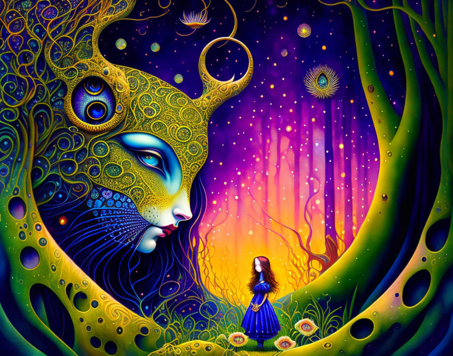 Surreal cosmic cat and girl in vibrant starry landscape