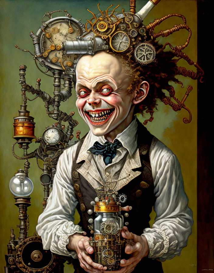 Steampunk clown with mechanical backdrop and gadget, whimsical expression