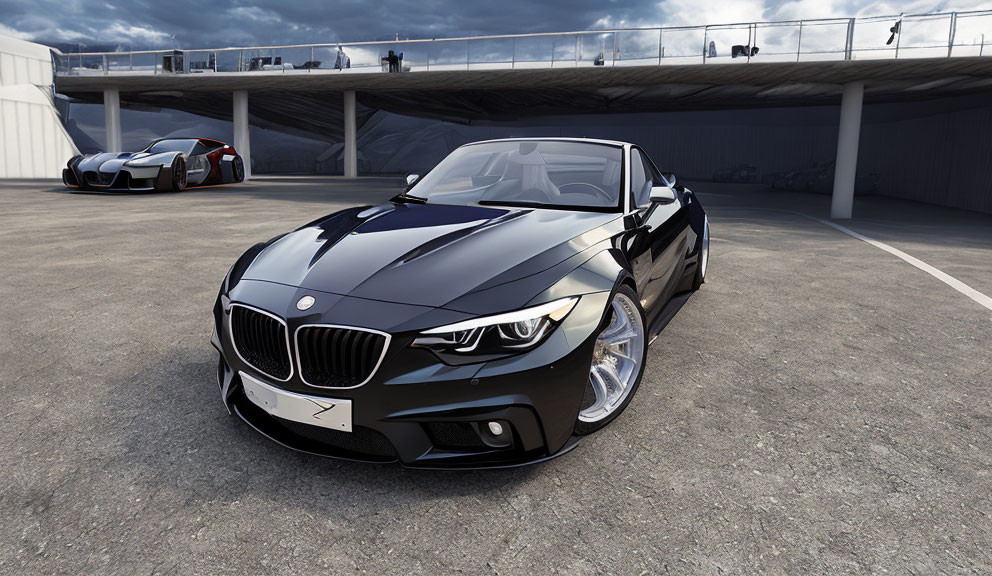 Black BMW Car Parked on Rooftop with Sports Car and Overcast Sky