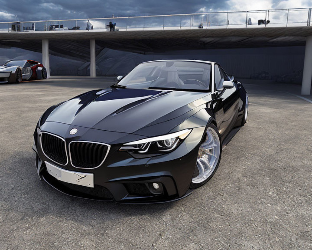 Black BMW Car Parked on Rooftop with Sports Car and Overcast Sky