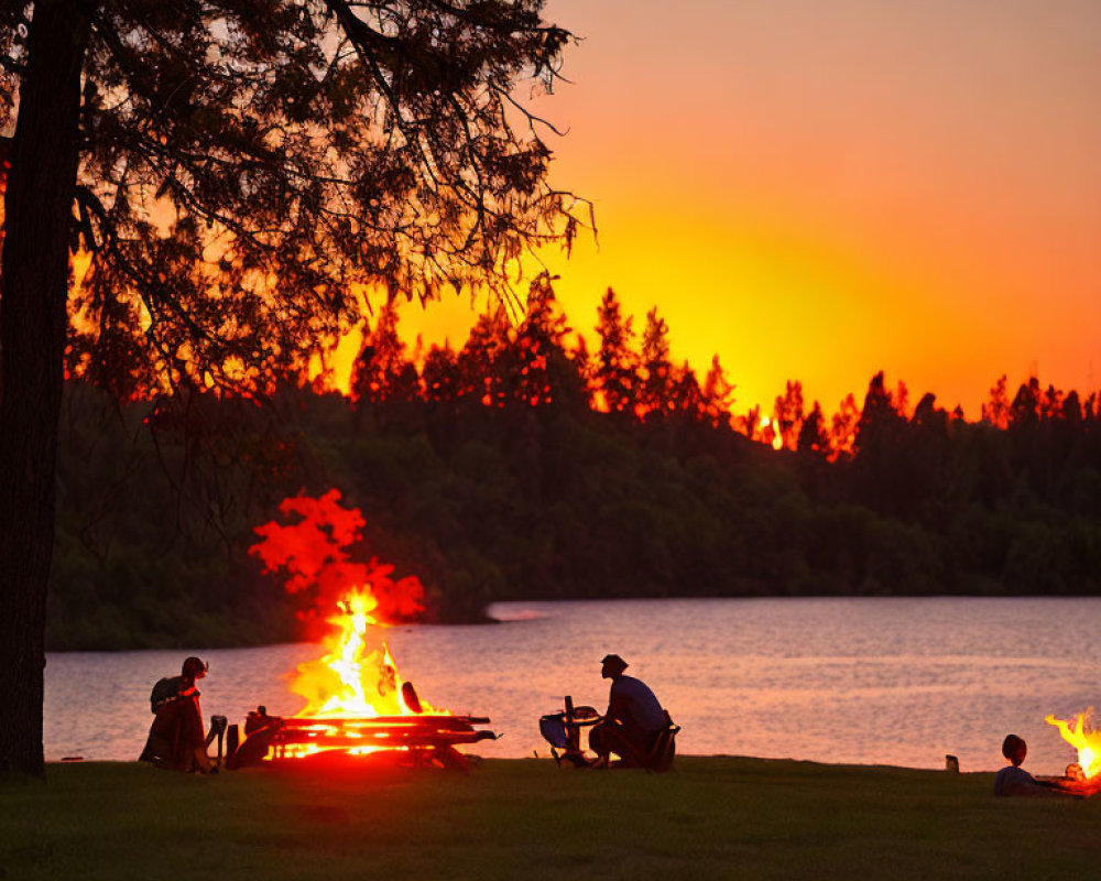 People by bonfire at lake during vibrant sunset with silhouetted trees