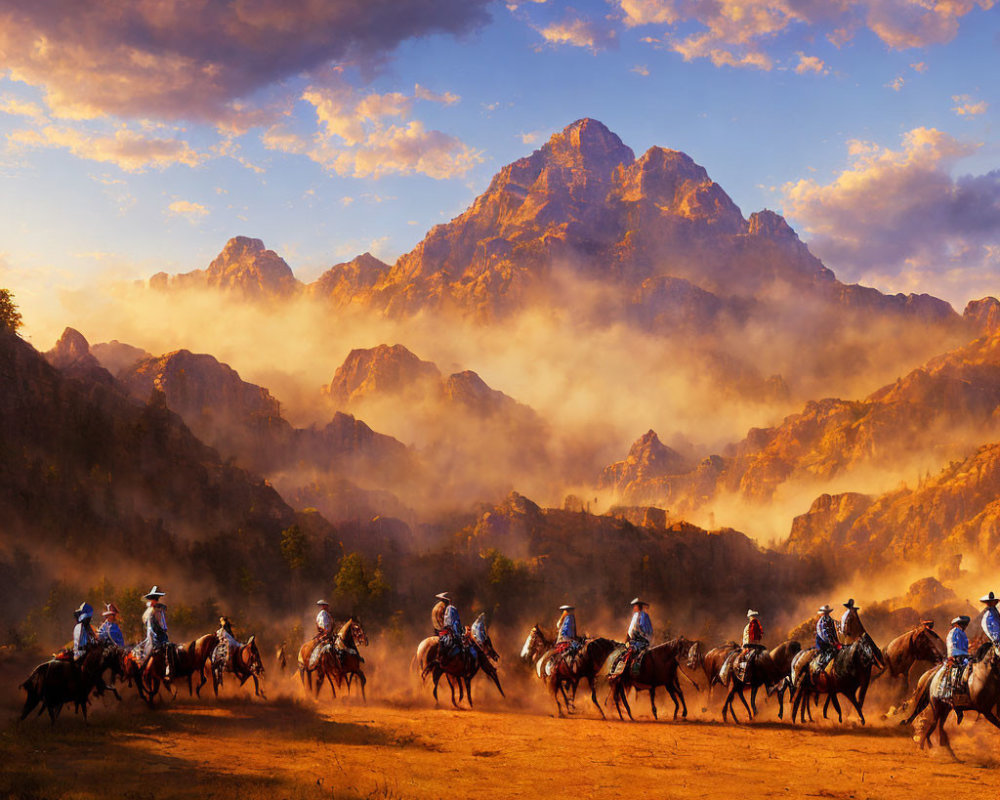 Horseback riders on dusty trail in golden mountain sunset.