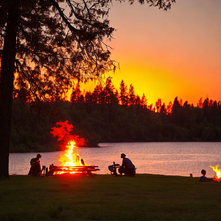 People by bonfire at lake during vibrant sunset with silhouetted trees