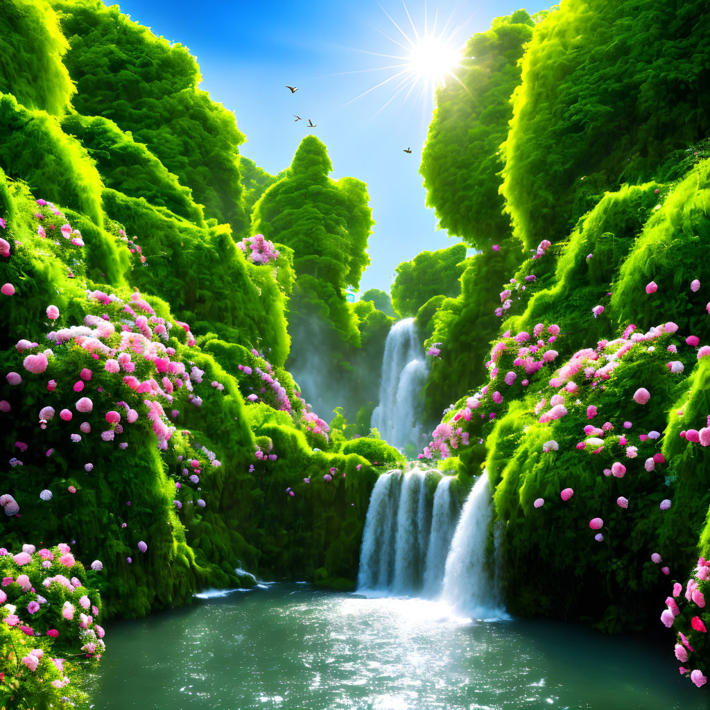 Scenic green valley with waterfalls, pink flowers, birds, and sun