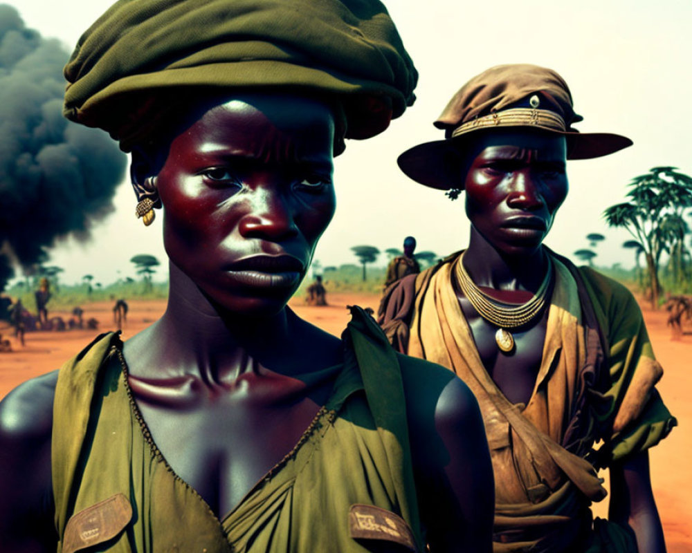 Two individuals in striking attire and headwear against a backdrop of dark smoke.