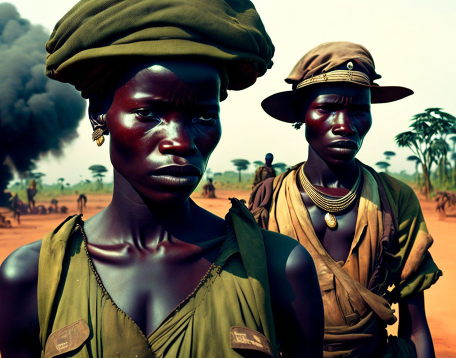 Two individuals in striking attire and headwear against a backdrop of dark smoke.