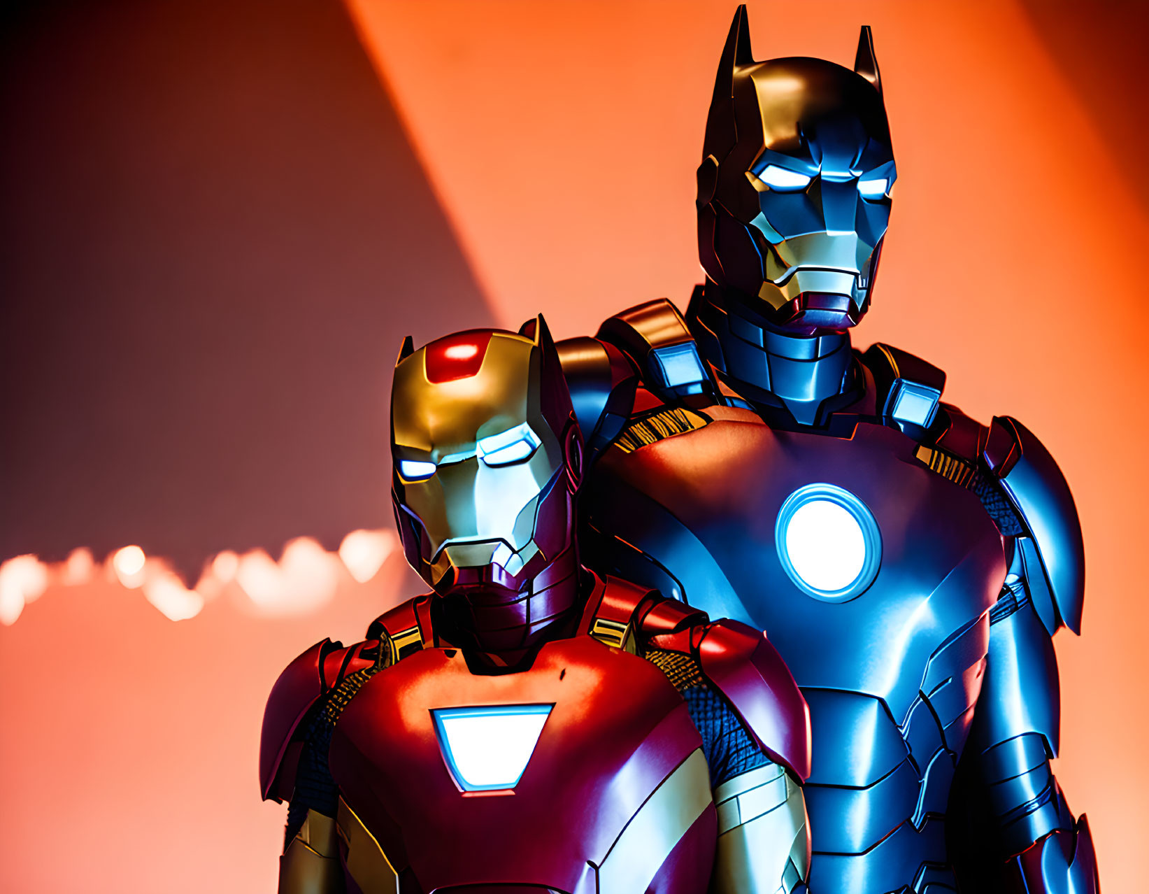 Two Iron Man suits: red and gold, blue and silver, against orange backdrop.