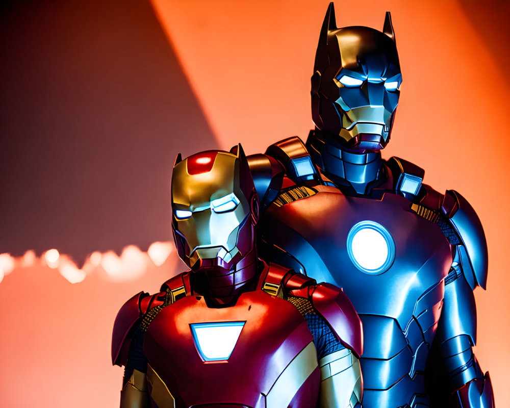 Two Iron Man suits: red and gold, blue and silver, against orange backdrop.