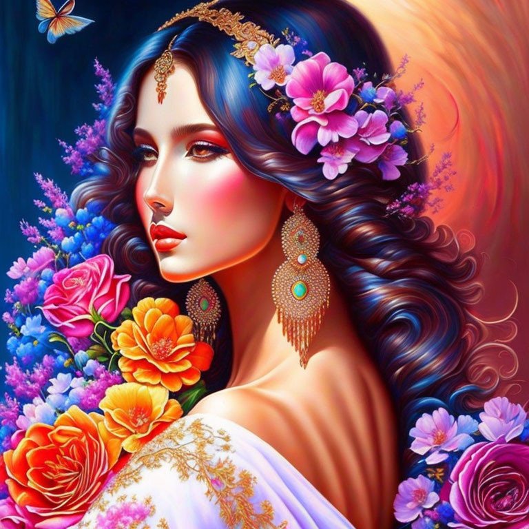 Illustrated woman with dark hair, pink flowers, and gold jewelry in vibrant image