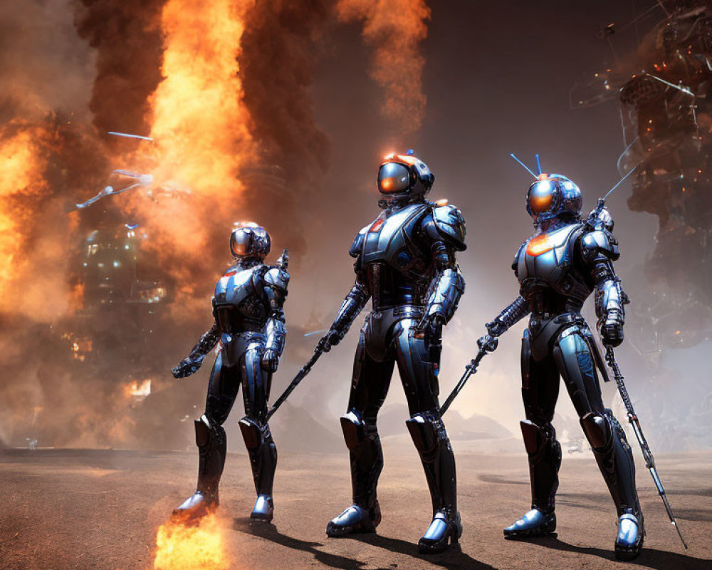 Futuristic robots in reflective armor amidst fiery explosion