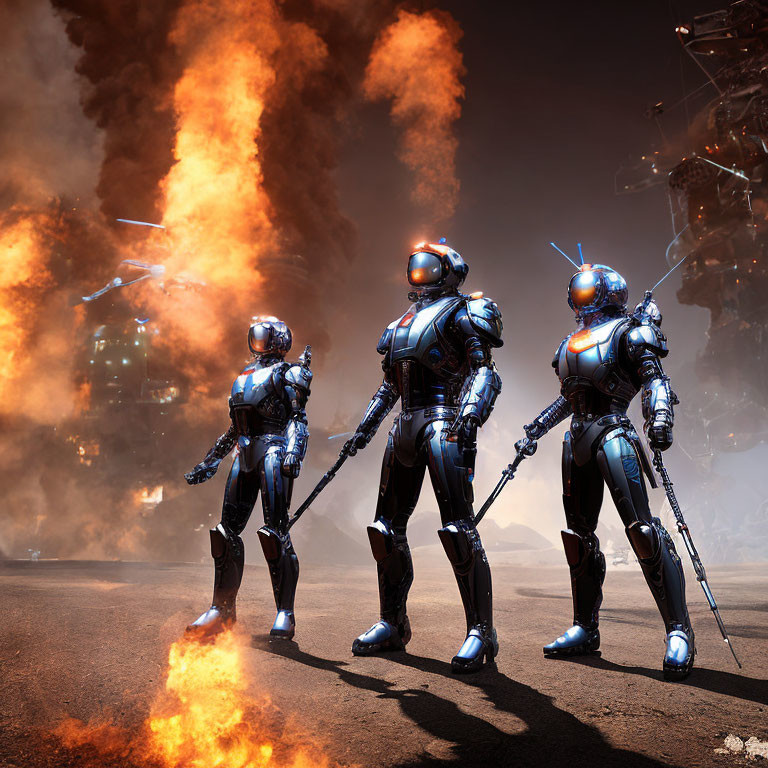 Futuristic robots in reflective armor amidst fiery explosion