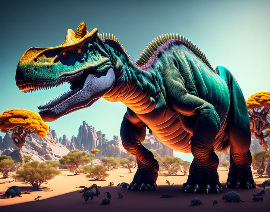 Vibrant dinosaur art in desert scenery with tortoises and trees