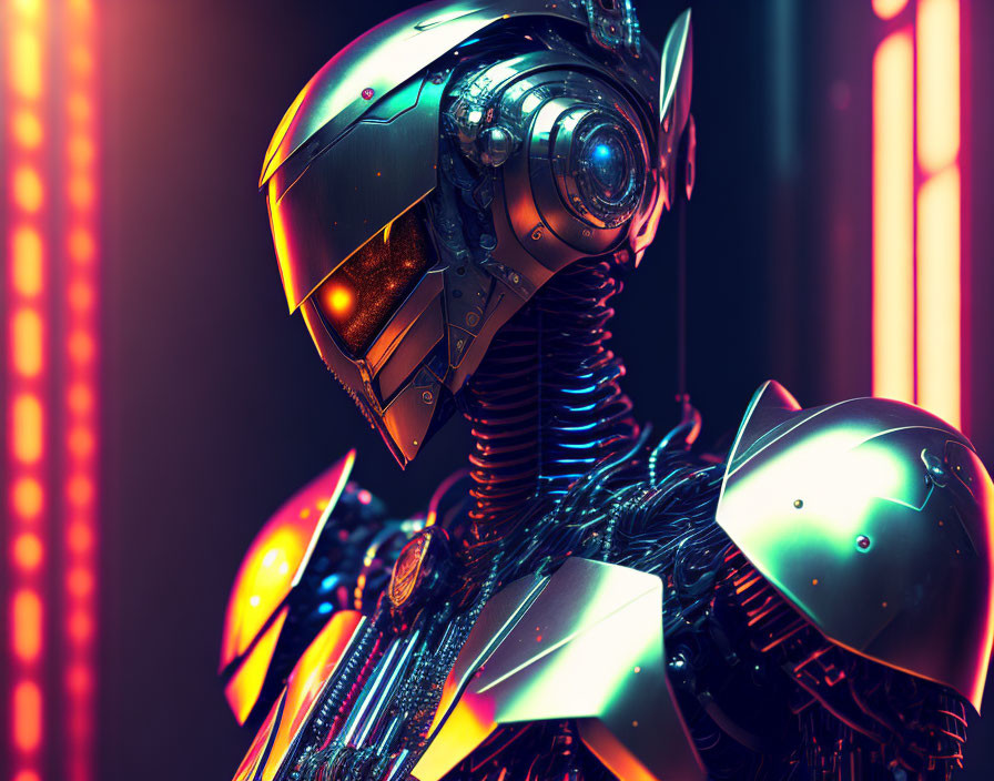 Detailed robotic figure with gold and silver helmet in neon lights