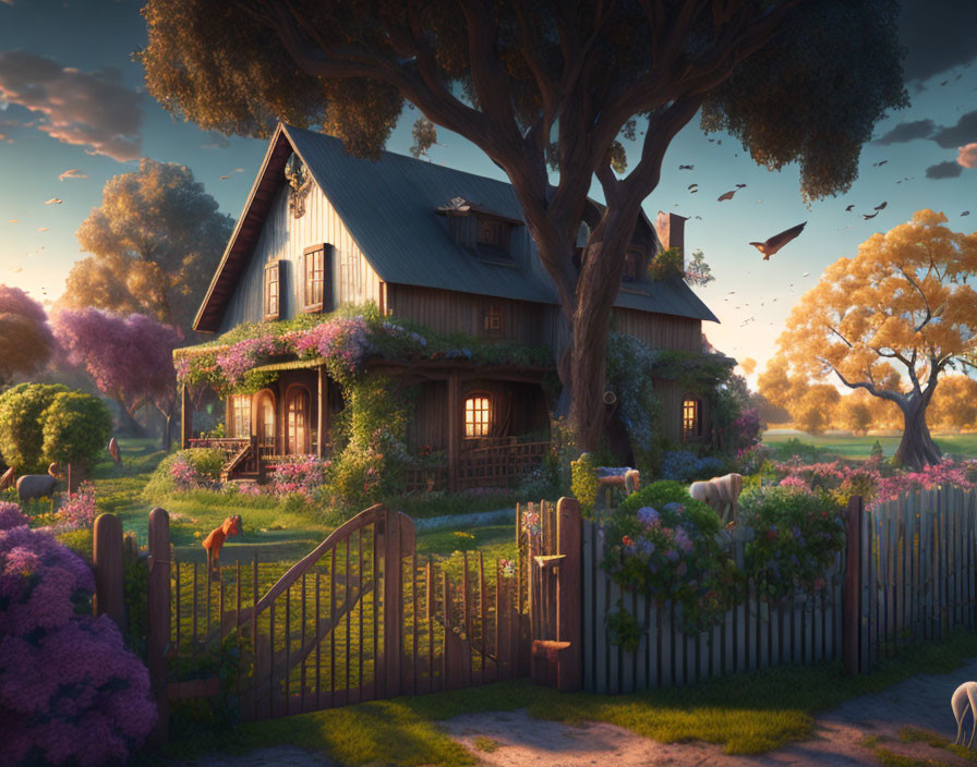 Charming two-story house with blooming vines, wooden fence, tree, and grazing animals at sunset