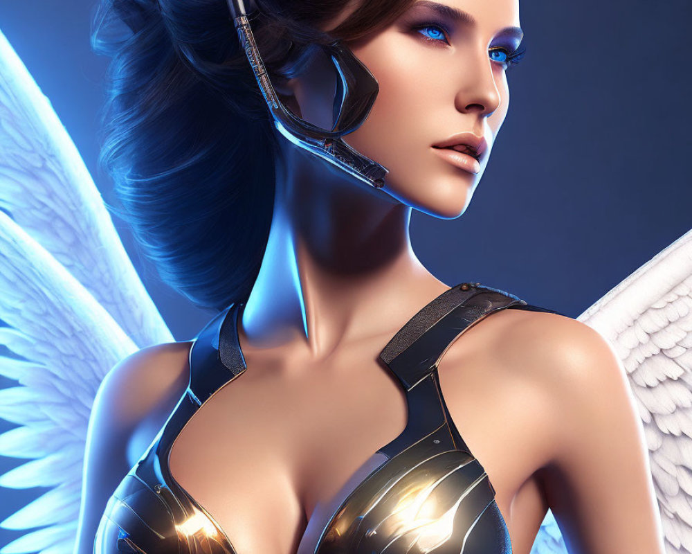 Futuristic digital artwork of woman with angel wings in armor