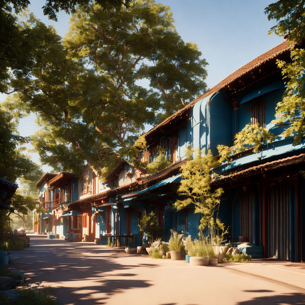 Traditional Blue Houses with Wooden Balconies on Tranquil Street